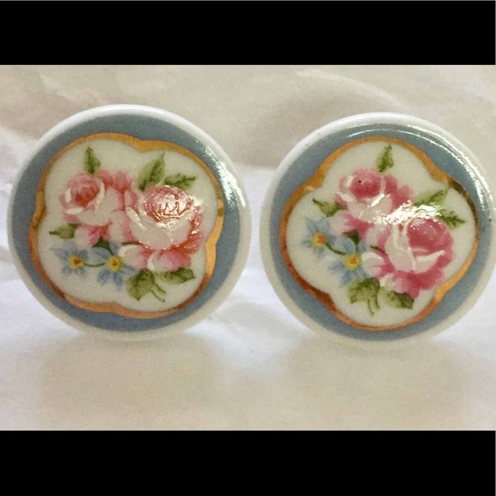 Vintage porcelain painted rose earrings